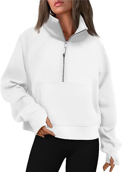 Color-White-Women Clothing Half Zipper Short Stand Collar Thumb Hole Brushed Hoody-Fancey Boutique