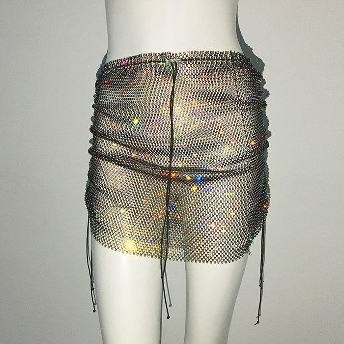 Nightclub Sexy Rhinestone Skirt Diamond Embedded Sweet Spicy Fishing Net Elastic Hip Skirt-Black AB Diamond-Fancey Boutique