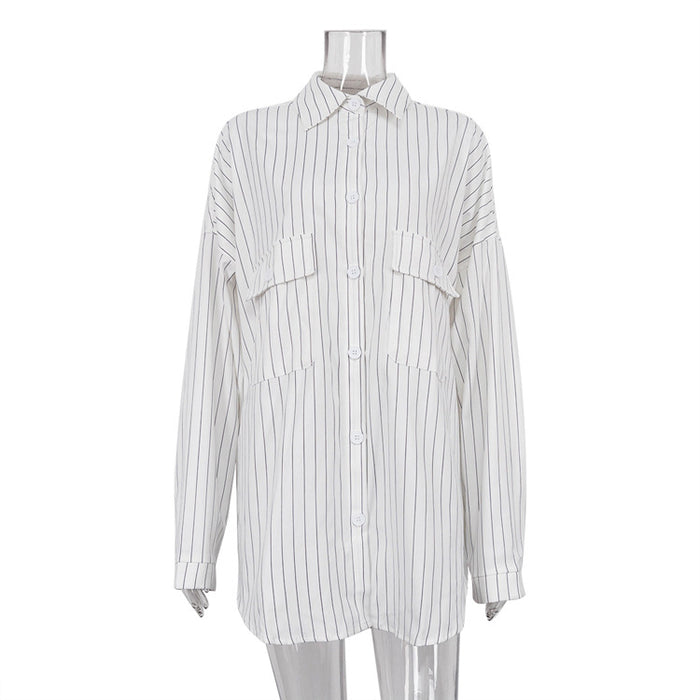 Fall Lapels Long Sleeve Striped Shacket Loose Casual Shirt for Women-White-Fancey Boutique