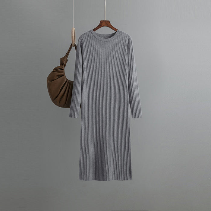 Color-Gray-Autumn Winter Round Neck Loose Long Sleeves Knitted Dress Women Long below the Knee Underdress-Fancey Boutique