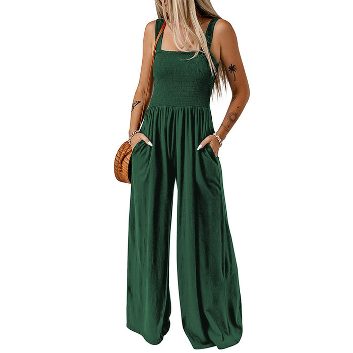 Color-Green-High Waist Jumpsuit Women Summer Sleeveless of the Shoulder Knitted Wide Leg Trousers Jumpsuit-Fancey Boutique