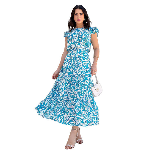 Women Clothing Fresh Floral Maxi Dress Shoulder Short Sleeved Summer Clothes Breathable Two Piece Set-Blue-Fancey Boutique