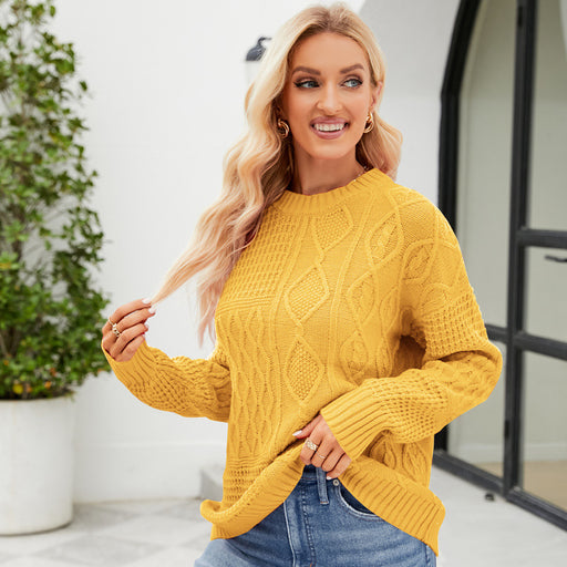 Color-Yellow-Twist Casual Solid Color round Neck Sweater Idle Autumn Winter Loose Pullover Sweater-Fancey Boutique