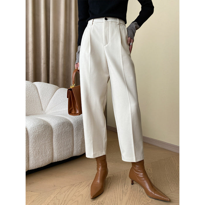 Color-Ivory-French Mid Seam Stand Cut Leg Shaping Straight Slimming Woolen Cropped Casual Pants-Fancey Boutique