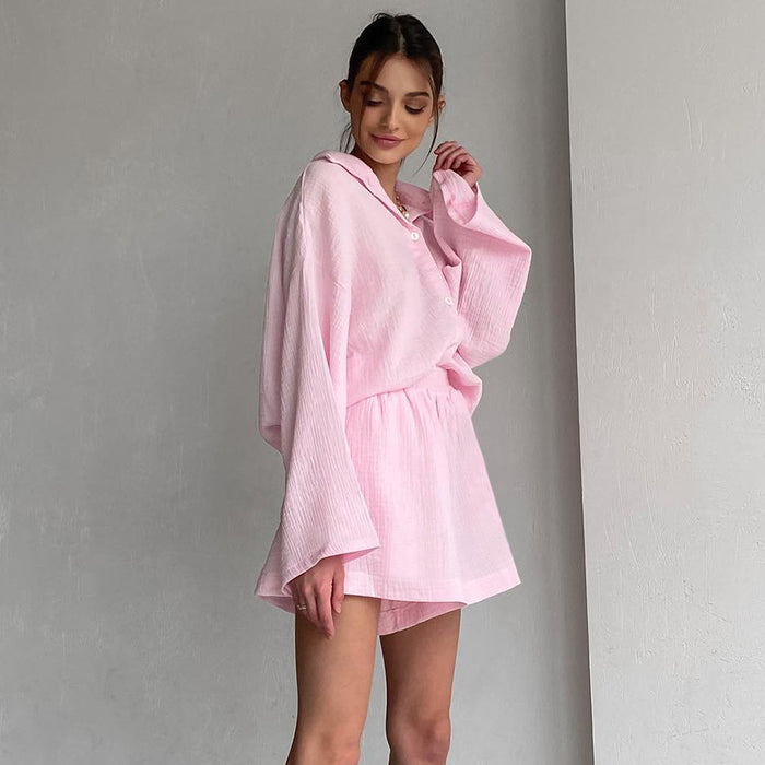 Color-Pink-Bubble Wrinkle Cotton Skin Friendly Comfortable Shirt Long Sleeve Shorts Autumn Winter Pajamas Women Suit Confinement Clothing Homewear-Fancey Boutique