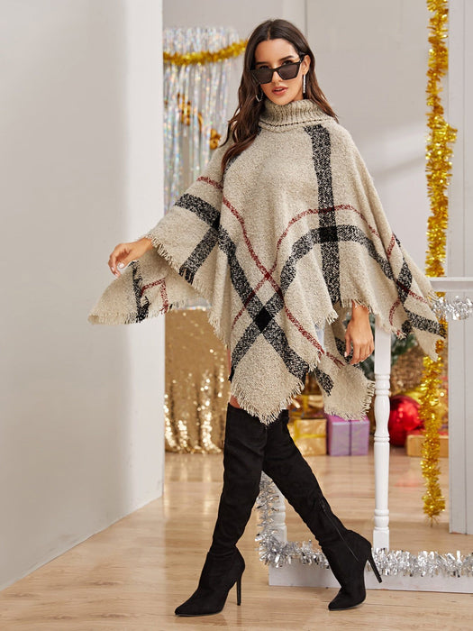 Color-Apricot-Autumn Winter Irregular Asymmetric Turtleneck Plaid Cape Sweater for Women-Fancey Boutique
