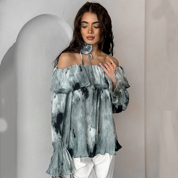 French Design Tie Dyed off Neck Bell Sleeve Shirt Autumn Arrival Top for Women-Fancey Boutique