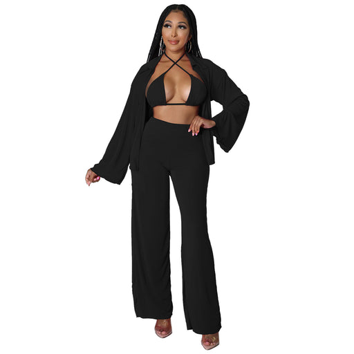 Color-Black-Plus Size Women Clothes Nightclub Sexy Cropped Outfit Cardigan Bell Sleeve Casual Three-Piece Suit-Fancey Boutique