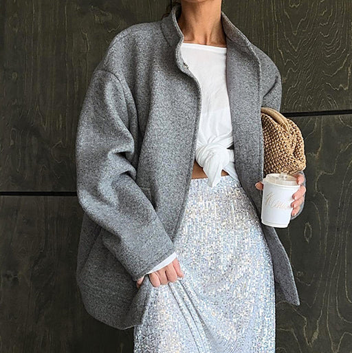 Color-Gray-Gray Woolen Coat Graceful Stand Collar Autumn Winter High Sense Office All Matching Top for Women-Fancey Boutique