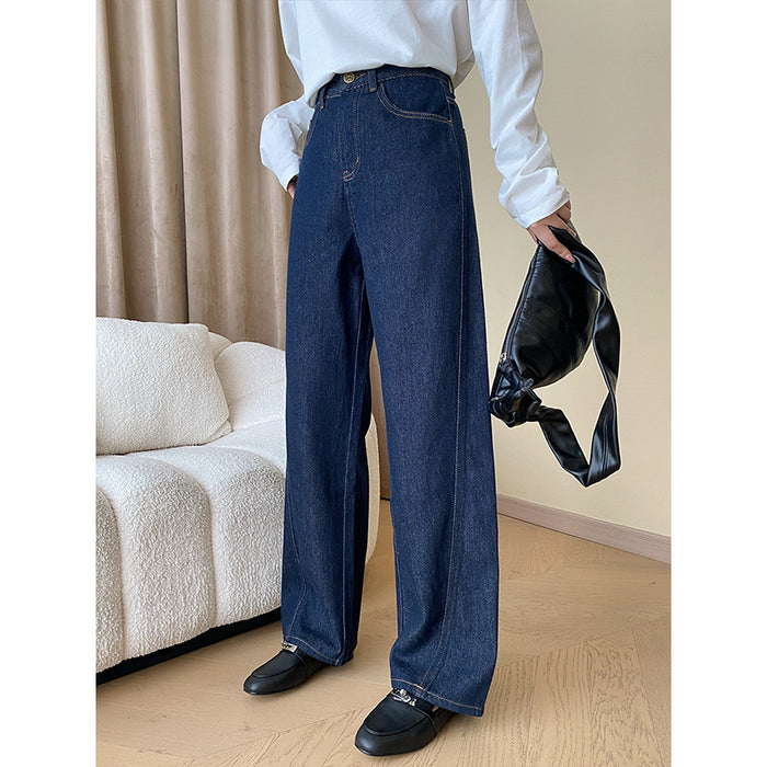 Contrast Color Bright Line Mid Ancient Cement Gray Line Straight Wide Leg Mop Jeans-Navy Blue-Fancey Boutique