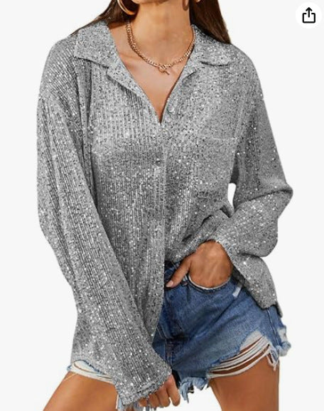 Color-Gray-Fall Women Fashionable Sequ Long Sleeve Collared Casual Shirt-Fancey Boutique