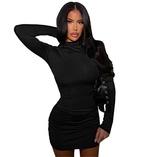 Color-Black-Women Clothing Thread Fashionable Fitted Long Sleeve Short Sheath Dress-Fancey Boutique