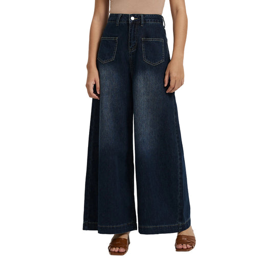 Denim Women Loose Drooping High Waist Wide Leg Jeans Women Jeans-Navy Blue-Fancey Boutique