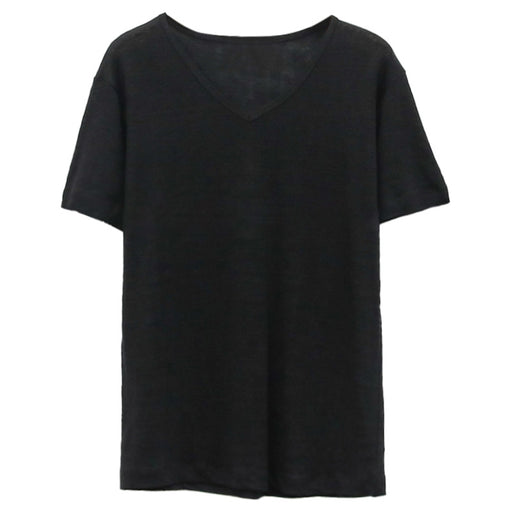 V neck Short Sleeved T shirt Summer Simple Cotton Linen Loose Solid Color Bottoming Slimming Outerwear T shirt Top Women Clothing-Black-Fancey Boutique