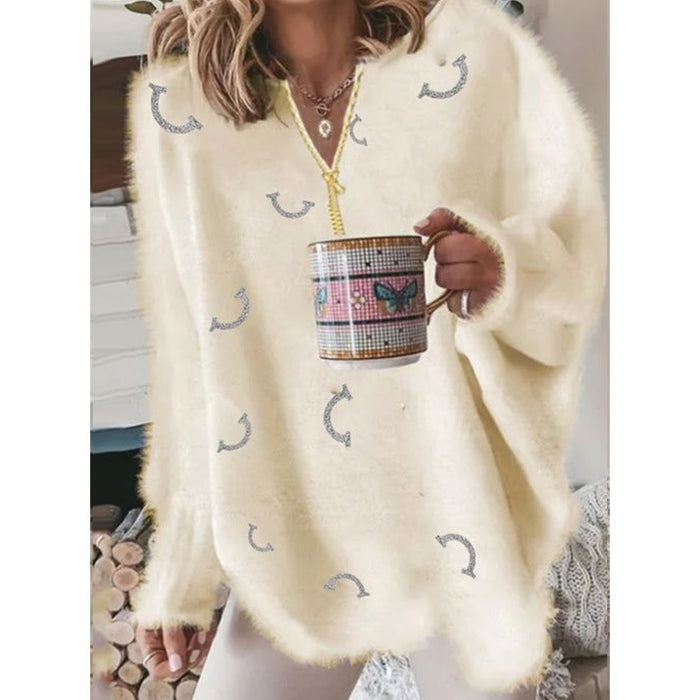 Color-Smiling Face Yellow-Winter Thermal Knitting Mid Length Sexy V Neck Pullover Loose Printed Smiley Sweater Sweater Women-Fancey Boutique