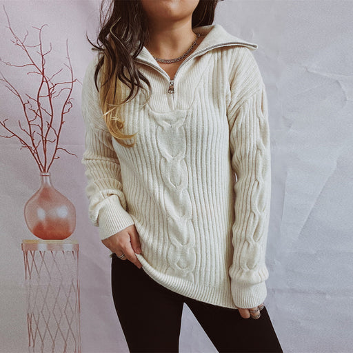 Color-White-Autumn Winter Twist Vertical Stripes Zipper Collared Solid Color Long Sleeve Knitted Pullover Sweater-Fancey Boutique