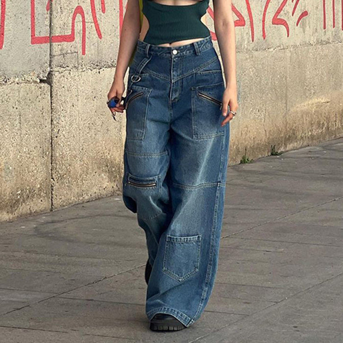 Tall Multi Pocket Zipper Worn Jeans Women Ribbon Straight Wide Leg Trousers-Fancey Boutique