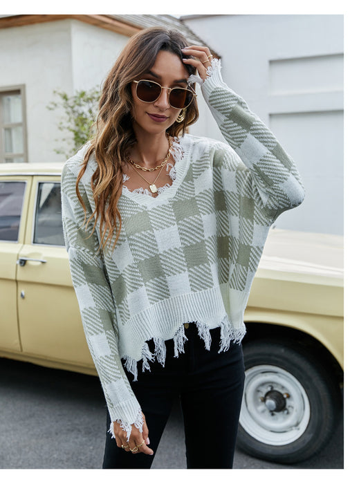 Color-Green Pullover-Pullover Women Loose Short V Neck Women Sweater Autumn Winter Tassel Knitwear-Fancey Boutique