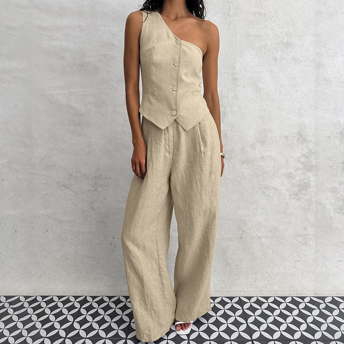 Spring Summer Cotton Linen Sleeveless Vest Irregular Asymmetric Collar Two Piece Set-Khaki-Fancey Boutique