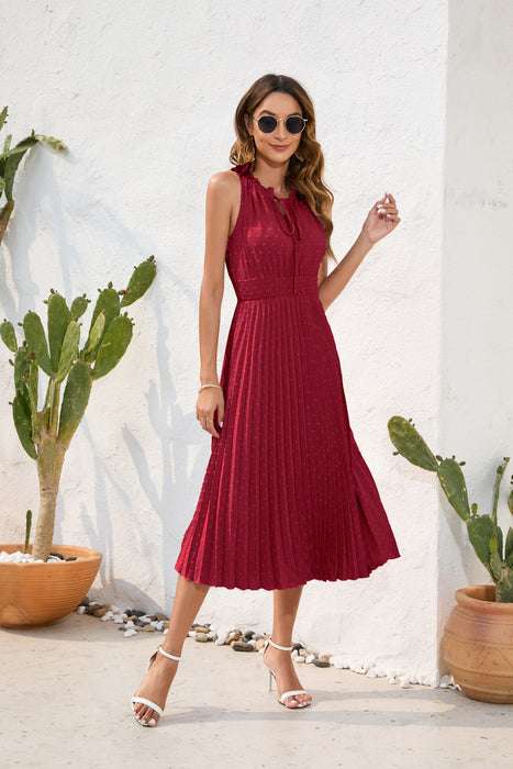 Color-Deep Red-Tied High Waist Pleated Fur Ball Dress Sleeveless Summer Dress Casual Vacation Travel Dress-Fancey Boutique