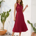 Color-Deep Red-Tied High Waist Pleated Fur Ball Dress Sleeveless Summer Dress Casual Vacation Travel Dress-Fancey Boutique