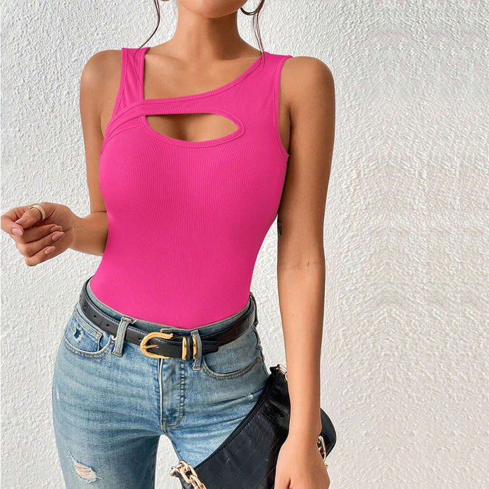 Color-Coral Red-Women Clothing Slim Fit Sexy Knitted Solid Color Hollow Out Cutout Vest T shirt Top-Fancey Boutique