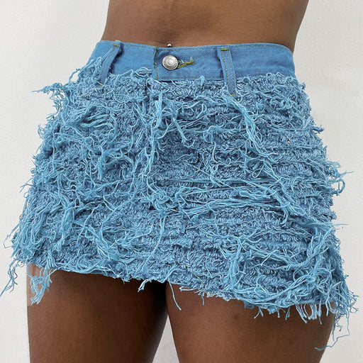 Color-Blue-Women Clothing Summer Bright Tassel Tight Stretch Free Denim Skirt-Fancey Boutique