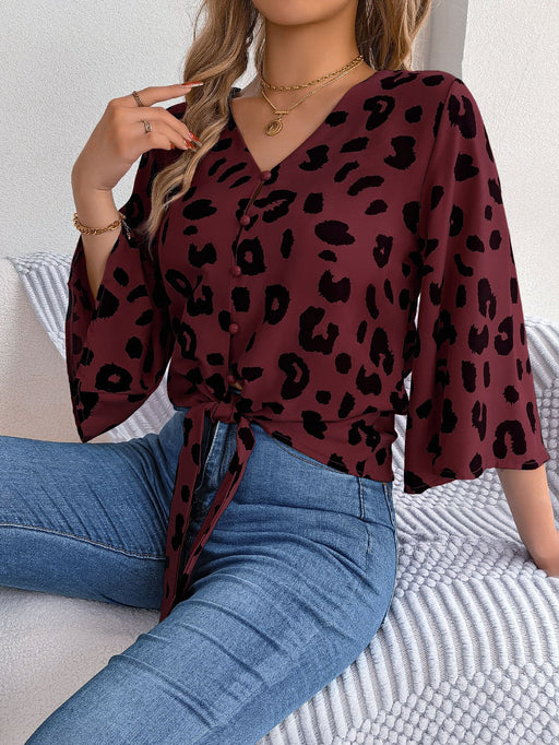 Color-Burgundy-Spring Summer Casual Leopard Print Self Tie Chiffon Shirt Top Women Clothing-Fancey Boutique