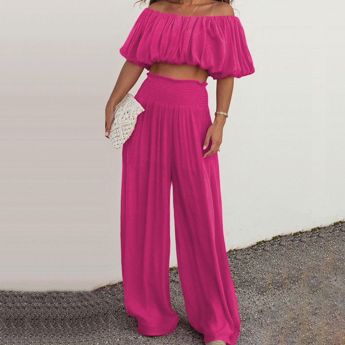 Color-Coral Red-Spring Women Clothing Casual off Shoulder Wide Leg Pants Two Piece Set-Fancey Boutique