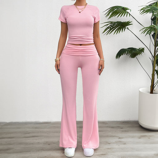 Women Clothing Spring Summer Casual Solid Color Slim Fit Short Sleeve Trousers Set-Fancey Boutique
