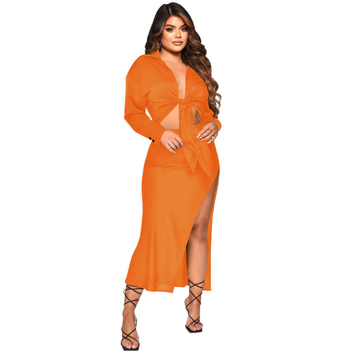Color-Orange-Women Clothing Autumn Sunken Stripe Long Sleeve Split Skirt Set-Fancey Boutique
