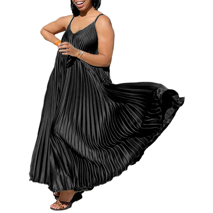 Color-Black-Summer Women Clothing Loose V-neck Strap Pleated Large Dress Vacation Dress-Fancey Boutique