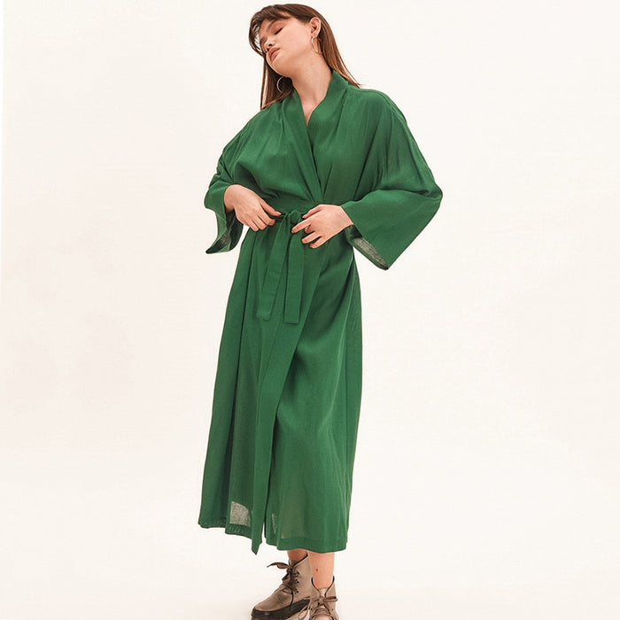 Color-Green-Autumn Cotton Linen Long Sleeve Nightgown Long Green Pajamas Ladies Home Bathrobe Comfortable Loose Bathrobe-Fancey Boutique