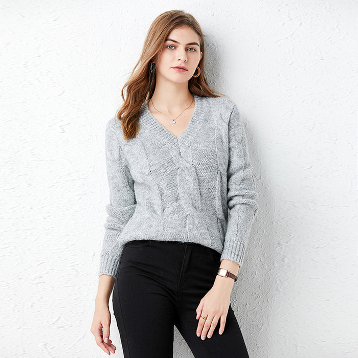 Color-Gray-Solid Color Thick Sweater Women Bottoming Shirt Autumn Winter Loose Outer Wear Idle Twist Knitted Pullover Top-Fancey Boutique