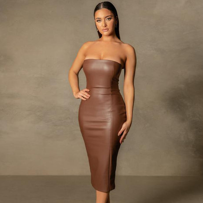 Color-Brown-Autumn Winter Solid Color Faux Leather Elegant Slim-Fit Tube Top Back Slit Sexy Midi Dress-Fancey Boutique