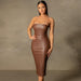 Color-Brown-Autumn Winter Solid Color Faux Leather Elegant Slim-Fit Tube Top Back Slit Sexy Midi Dress-Fancey Boutique