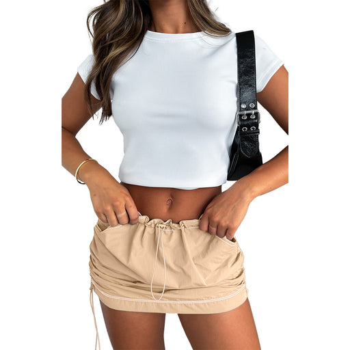 Color-Khaki-Women Clothing Solid Color Pleating Rubber Band Spring Fastener Sports Casual Pocket Skirt-Fancey Boutique