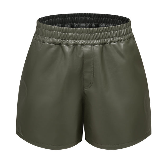 Color-Army Green-Women Simple Faux Leather Shorts Casual Loose Shorts Bottoms-Fancey Boutique