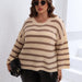 Color-Apricot-Women Striped Top plus Size Women Clothes Fastener Decoration Straight Sleeve Color Contrast Patchwork Loose Pullover-Fancey Boutique