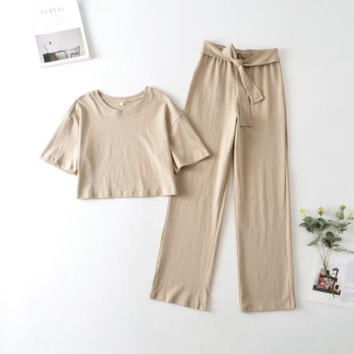 Color-Khaki-Summer Solid Color O-neck Short Knitted Top Belt Baggy Pants Suit-Fancey Boutique