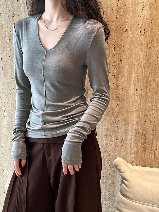 Color-Gray-High End Minimalist Mid Seam V neck Long Sleeve Bottoming Shirt Spring Slim Top-Fancey Boutique