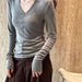 Color-Gray-High End Minimalist Mid Seam V neck Long Sleeve Bottoming Shirt Spring Slim Top-Fancey Boutique