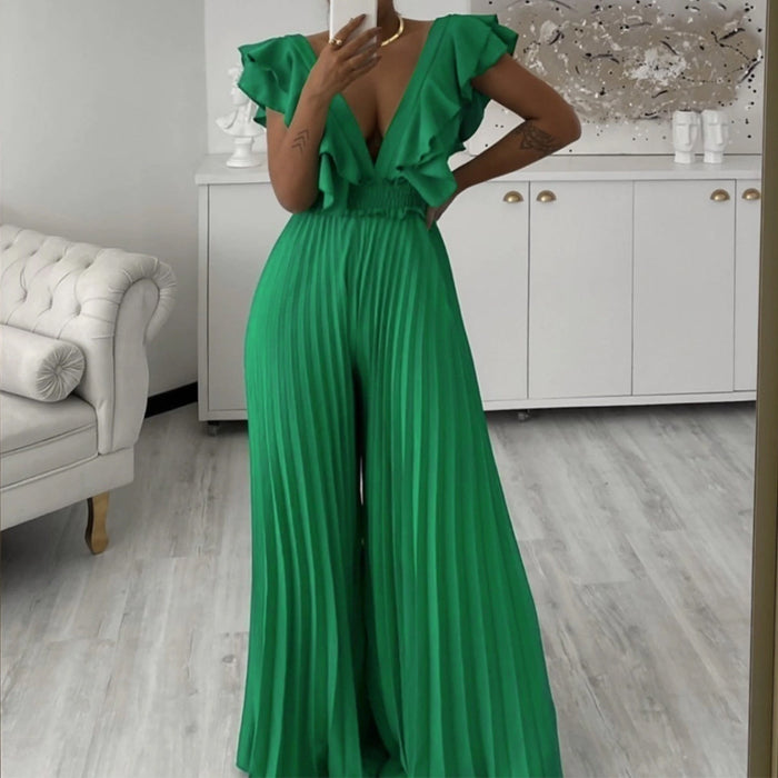 Women Clothing Deep V Plunge Neck High Waist Sexy Ruffled Pleated Wide Leg Jumpsuit-Fancey Boutique