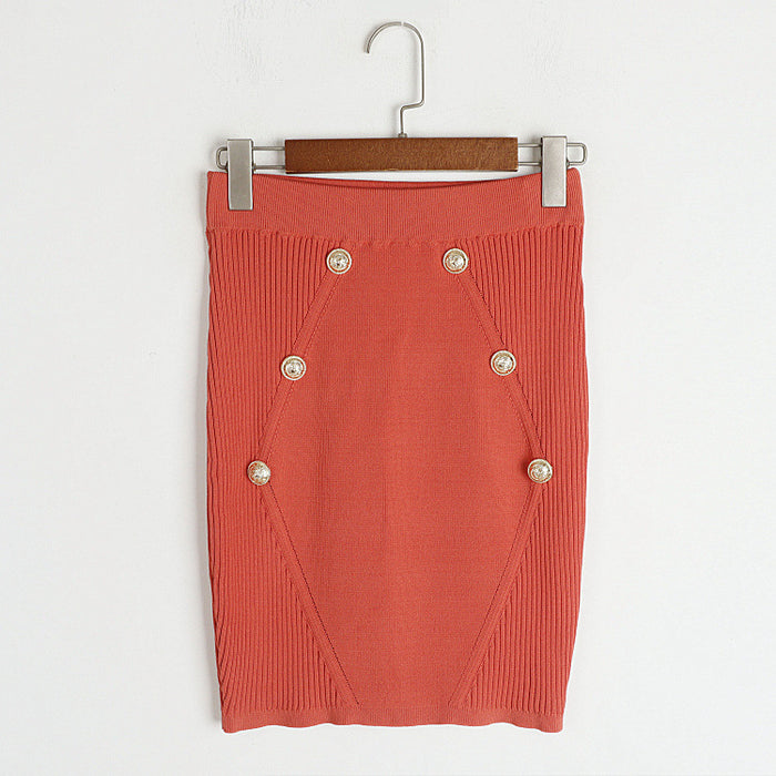 Color-Red Skirt-Round Neck Metal Buckle Set Early Autumn Winter French Faux Pocket Stand Collar Jacket with Skirt Knitted Two Piece-Fancey Boutique