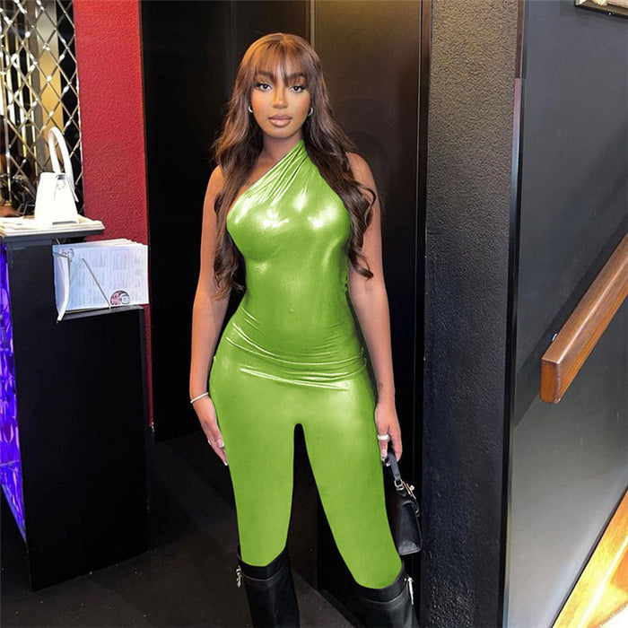 Color-Green-Metallic Coated Fabric Spring Summer Sleeveless Waist Slimming Hip Lifting Women Jumpsuit Trousers Women Club Wear-Fancey Boutique