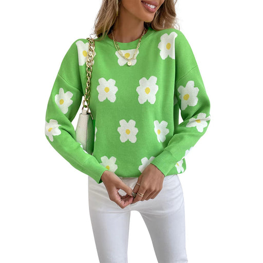 Autumn Winter Women Clothing Contrast Color Little Daisy Fresh Sweet Casual Pullover Knitted Sweater-Green-Fancey Boutique