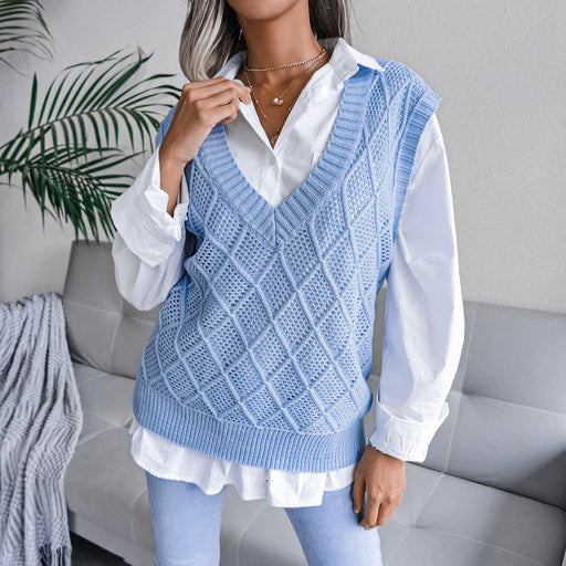 Color-Blue-Real shot autumn winter v-neck rhombus Hollow Out Cutout casual knitted sweater vest women clothing-Fancey Boutique