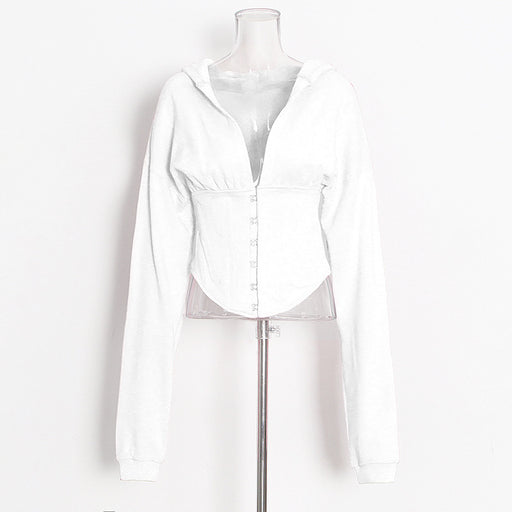 Color-White-Optional Women Sweater Autumn Solid Color Waist Tied Single Breasted Short Stitching Hoodie-Fancey Boutique