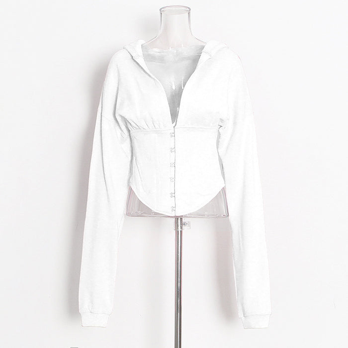 Color-White-Optional Women Sweater Autumn Solid Color Waist Tied Single Breasted Short Stitching Hoodie-Fancey Boutique