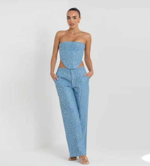 Color-Blue-Spring Summer Denim Sequ Tube Top Wide Leg Pants Suit-Fancey Boutique